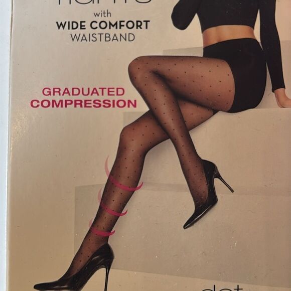Hanes Perfect Tights ControlTop Graduated Compression Black Dot Size L x2 Pairs - Picture 2 of 4